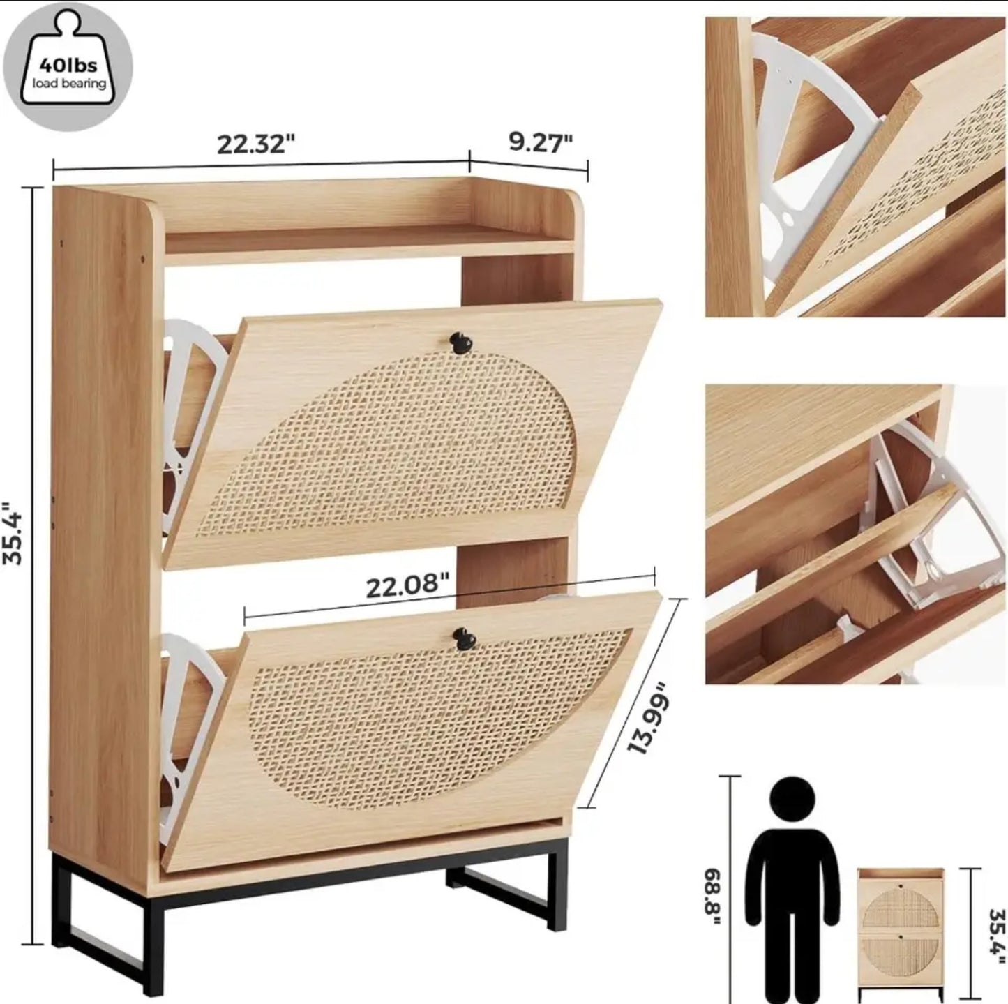 Shoe Cabinet with 2 Handmade Natural Rattan Flip Drawers