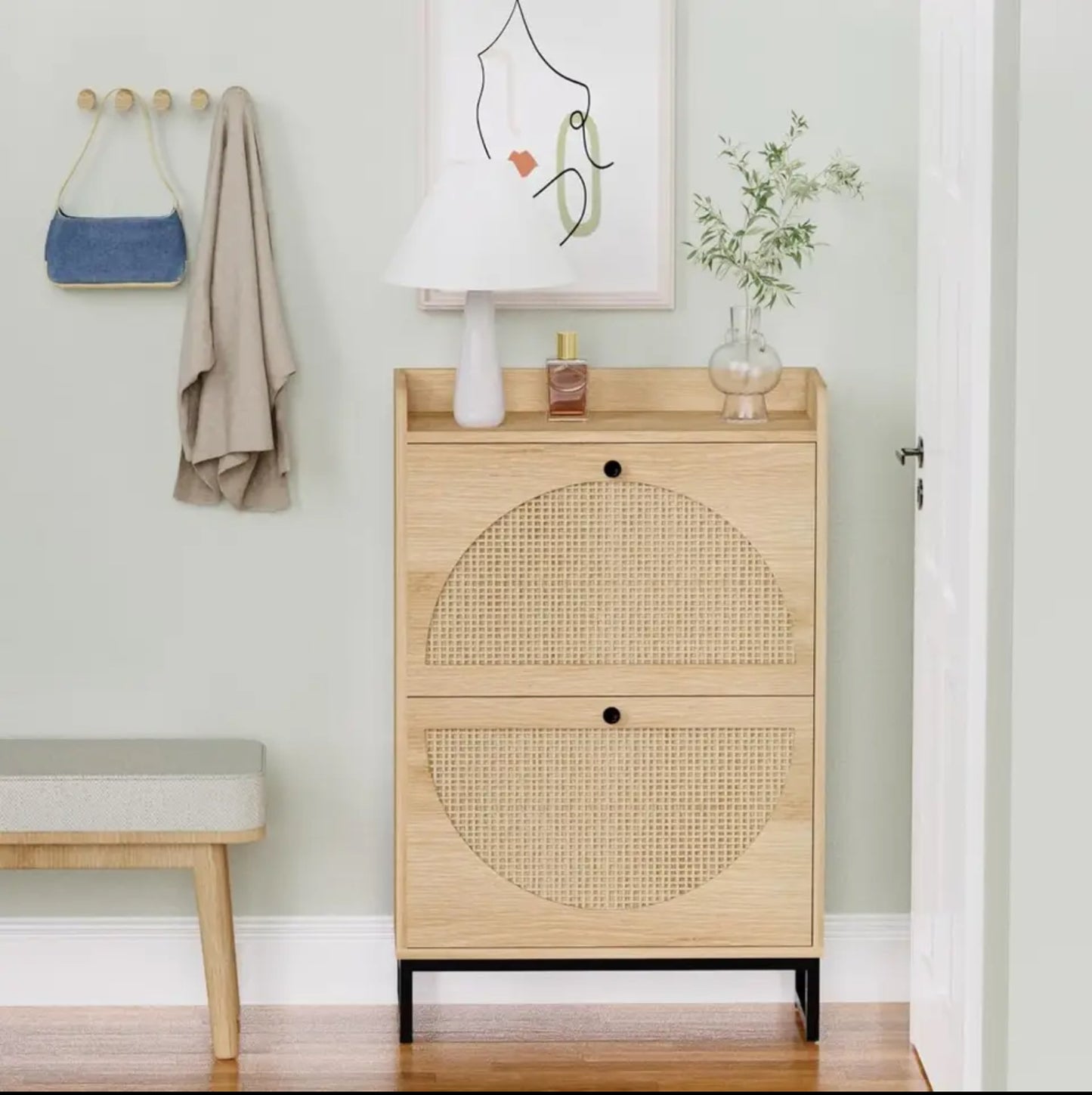 Shoe Cabinet with 2 Handmade Natural Rattan Flip Drawers