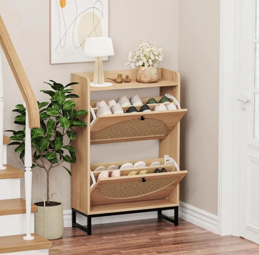 Shoe Cabinet with 2 Handmade Natural Rattan Flip Drawers